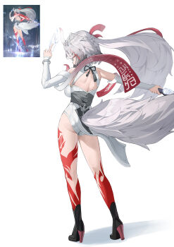 1girl alternate_form armlet ass bare_shoulders black_hair bracelet china_dress chinese_clothes closed_eyes clothing_aside commentary_request dress droopy_ears from_behind full_body game_screenshot_inset highres holding holding_sword holding_weapon jewelry krux_(k_krux) leg_tattoo long_hair metal_bracelet multicolored_hair pelvic_curtain pelvic_curtain_aside qingming_sword reference_inset screenshot_inset see-through_horns shadow shoulder_blades silver_armlet silver_bracelet solo sword tail tattoo weapon white_dress white_hair white_tail ye_shunguang zenless_zone_zero