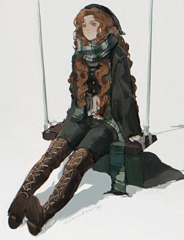 1girl black_pants black_robe black_vest blue_eyes boots brown_boots closed_mouth full_body green_scarf gynger_edventray_(hiiragimare) highres hiiragimare hogwarts_legacy hogwarts_school_uniform hooded_robe lace-up_boots long_hair on_swing original pants red_hair robe scarf school_uniform simple_background sitting slytherin solo swing thigh_boots vest white_background wizarding_world