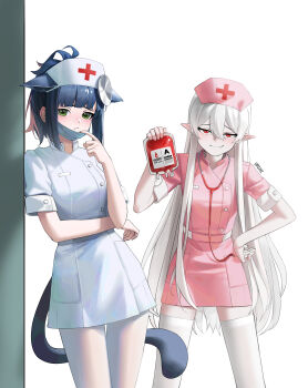 2girls absurdres animal_ear_fluff animal_ears arknights blood blood_bag blue_hair breasts fang green_eyes grey_hair hat highres jessica_(arknights) looking_at_viewer mask medium_breasts mouth_mask multiple_girls nurse nurse_cap nurse_dress orini pantyhose pointy_ears red_eyes small_breasts standing surgical_mask thigh_gap thighhighs warfarin_(arknights) white_background white_pantyhose white_thighhighs zettai_ryouiki