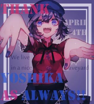 1girl :d black_ribbon black_skirt breasts commentary_request cowboy_shot english_text engrish_text fingernails hat jiangshi lace-trimmed_sleeves lace_trim looking_at_viewer medium_breasts miyako_yoshika neck_ribbon newsboy_cap no_ofuda open_mouth purple_background purple_eyes purple_hair purple_hat purple_nails ranguage red_shirt ribbon shinjitsu_no_kuchi shirt short_hair short_sleeves skirt smile solo touhou