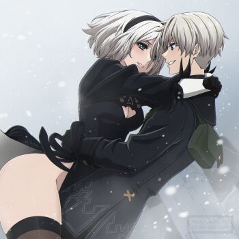 1boy 1girl 2b_(nier:automata) 9s_(nier:automata) absurdres arms_around_neck arms_around_waist ass black_dress black_gloves black_hairband black_jacket black_thighhighs blue_eyes blush breasts cleavage cleavage_cutout clothing_cutout cowboy_shot dress from_side gloves gradient_background grey_hair hair_between_eyes hairband highres hug jacket lips long_sleeves looking_at_another medium_breasts nier:automata nier_(series) parted_lips puffy_sleeves shirl_geem short_hair side_slit smile thighhighs thighs