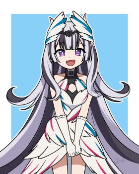 Rule 34 | 1girl, absurdres, black choker, black hair, breasts, choker, cleavage, dress, feather hair ornament, feathers, fire emblem, fire emblem engage, garloo, gloves, grey hair, hair ornament, highres, long hair, looking at viewer, multicolored hair, nintendo, purple eyes, small breasts, solo, split-color hair, two-tone hair, very long hair, veyle (fire emblem), wavy hair, wing hair ornament