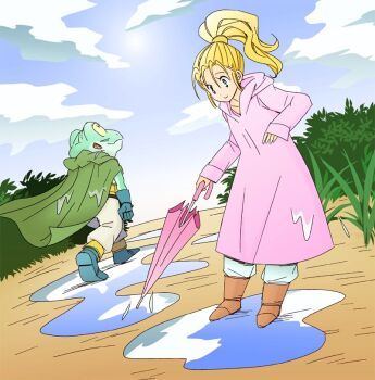 1boy 1girl blonde_hair cape chrono_trigger closed_mouth cloud frog_(chrono_trigger) full_body grass long_hair mai_iwaizumi marle_(chrono_trigger) puddle raincoat smile umbrella