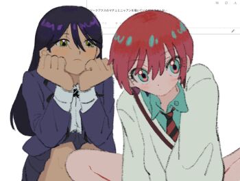 Rule 34 | 2girls, amate yuzuriha, aqua eyes, bad id, bad twitter id, black skirt, blazer, blue hair, blue jacket, closed mouth, collared shirt, diagonal-striped clothes, diagonal-striped necktie, frown, green shirt, gundam, gundam gquuuuuux, hands on own cheeks, hands on own face, hands up, highres, jacket, long hair, long sleeves, looking at another, looking at viewer, multiple girls, necktie, nyaan (gundam gquuuuuux), odaibako, pleated skirt, red hair, red necktie, request inset, school uniform, shirt, short hair, simple background, sitting, skirt, striped clothes, subro, sweater, translation request, white background, white sweater, yellow eyes