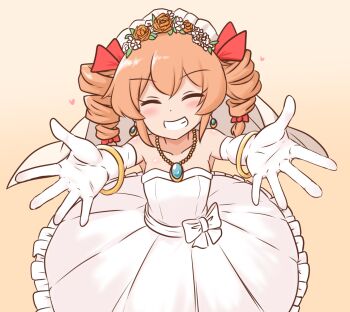 1girl :d bare_shoulders bow bracelet bridal_veil closed_eyes collarbone commentary_request commission dress earrings elbow_gloves gloves gradient_background hair_bow heart jewelry mizusoba open_mouth orange_background orange_hair pendant reaching reaching_towards_viewer red_bow skeb_commission smile solo touhou veil wedding_dress white_dress white_gloves yorigami_jo&#039;on