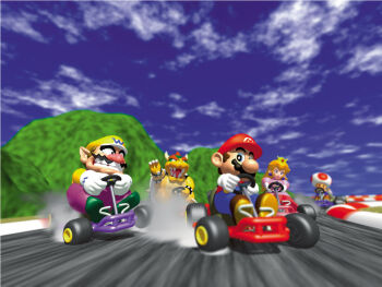 Rule 34 | 1990s (style), 1girl, 2boys, 3d, blonde hair, blue eyes, bowser, cart, clenched teeth, cloud, creature, crown, dress, drifting, elbow gloves, facial hair, gloves, long hair, mario, mario (series), mario kart, mario kart 64, multiple boys, mustache, nintendo, official art, outdoors, pink dress, pointy ears, princess, princess peach, racing, retro artstyle, short hair, sky, super mario bros. 1, teeth, toad (mario), wario