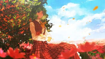 1girl ascot field flower flower_field green_hair highres kazami_yuuka looking_to_the_side open_clothes open_vest parasol plaid_clothes plaid_skirt plaid_vest red_vest second-party_source skirt skirt_set smile solo sunflower sunflower_field touhou umbrella uninosono vest yellow_ascot