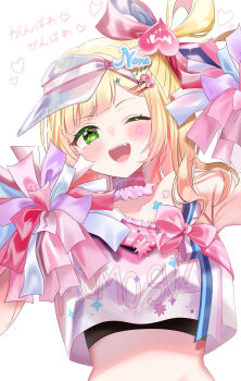 1girl blonde_hair blush character_name clothes_writing commentary_request cropped_shirt green_eyes hair_ornament hairpin heart heart_hair_ornament highres holding holding_pom_poms hololive hosimiya_yume looking_at_viewer momosuzu_nene momosuzu_nene_(cheerleader) one_eye_closed pom_pom_(cheerleading) pom_poms shirt smile solo teeth upper_teeth_only virtual_youtuber white_shirt