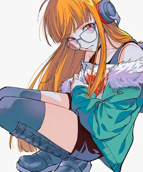 1girl absurdres ako_(eanaaati1) bare_shoulders black-framed_eyewear black_boots black_shorts black_thighhighs blunt_bangs boots bra_strap chinese_commentary closed_mouth commentary_request expressionless from_side fur-trimmed_jacket fur_trim glasses green_jacket headphones highres holding_own_arm jacket knee_boots lace-up_boots long_hair looking_at_viewer off-shoulder_shirt off_shoulder open_clothes open_jacket orange_hair persona persona_5 red_eyes sakura_futaba shirt short_shorts shorts simple_background solo squatting thighhighs very_long_hair white_background white_shirt