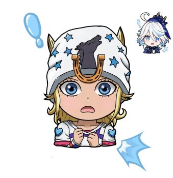 ! 1boy 1girl ahoge asymmetrical_gloves beanie black_gloves blonde_hair blue_eyes blue_hair blue_hat blue_shirt blush chibi chibi_only derivative_work furina_(genshin_impact) genshin_impact gloves hat heart_ornament highres hood hood_down hoodie horse_print horseshoe_hat_ornament horseshoe_ornament johnny_joestar jojo_no_kimyou_na_bouken k-ran long_hair looking_at_viewer open_mouth red_sleeves reference_inset shirt short_sleeves star_(symbol) steel_ball_run surprised top_hat two-tone_sleeves white_background white_gloves white_hair white_hat white_hoodie white_sleeves wristband