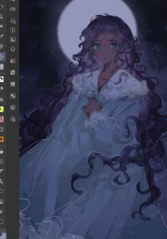 1girl aqua_dress art_program_in_frame bindi black_hair closed_mouth dark-skinned_female dark_skin dress full_moon green_eyes hand_on_own_chest highres himemiya_anthy long_hair moon night nightgown shoujo_kakumei_utena signature sky solo stariwei very_long_hair wavy_hair