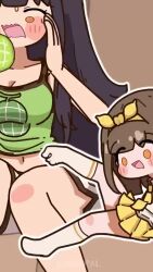 &gt;_&lt; 2girls animated audible_music bed belly_grab black_hair breasts brown_hair calendar_(object) child cookie crying dancing eating exercising fang food happy highres loli long_hair medium_hair mimukauwa_nice_try_(vocaloid) multiple_girls music nandupal naughty_face original parody pizza playing running siblings sisters size_difference skin_fang sleeping sound tagme thighhighs tongue tongue_out video weight_conscious