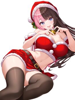 1girl :d absurdres alternate_costume bandeau bare_shoulders bell belt black_belt black_hair black_thighhighs blue_eyes blunt_bangs breasts cleavage collar commentary_request detached_sleeves four-finger_heart_hands fur-trimmed_bandeau fur-trimmed_headwear fur-trimmed_skirt fur-trimmed_sleeves fur_collar fur_trim hat heart heart_hands highres large_breasts long_hair looking_at_viewer lying midriff miniskirt multicolored_hair navel neck_bell on_side open_mouth pink_hair pom_pom_(clothes) red_bandeau red_hat red_skirt red_sleeves santa_costume santa_hat short_sleeves simple_background skirt smile solo split-color_hair sunamama4788 tachibana_hinano teeth thighhighs two-tone_hair upper_teeth_only virtual_youtuber vspo! white_background white_collar