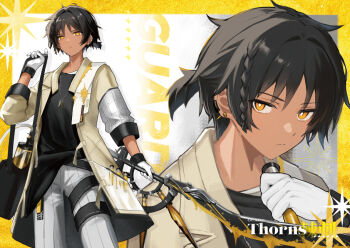 1boy arknights bag black_bag black_hair black_shirt braid bright_pupils character_name dark-skinned_male dark_skin downturned_eyes ear_piercing frown gloves hair_intakes half-closed_eyes holding holding_weapon jacket looking_at_viewer male_focus moruta multiple_views pants piercing ponytail satchel shirt short_hair short_ponytail side_braid solo thorns_(arknights) weapon white_gloves white_pants white_pupils yellow_jacket yellow_theme