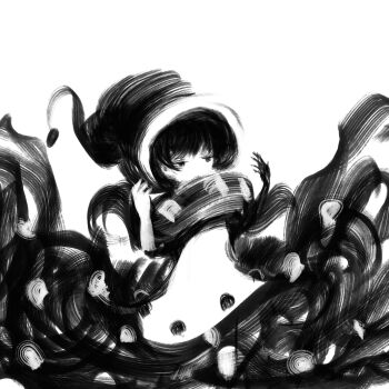 1girl abstract brush_stroke cowboy_shot doremy_sweet dress expressionless facing_ahead from51572962 hands_up hat highres jitome medium_dress nightcap pom_pom_(clothes) short_hair solo touhou two-tone_dress white_background