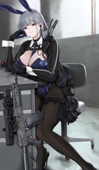 1girl 5.45x39mm absurdres ammunition animal_ears between_breasts black_footwear black_gloves black_pantyhose black_ribbon breasts bullet carabiner chair chest_harness cleavage concrete detached_collar drum_magazine earpiece fake_animal_ears fte_(fifteen_199) full_body girls&#039;_frontline gloves grey_hair gun hair_ribbon hand_on_own_cheek hand_on_own_face harness high_heels highleg highleg_leotard highres kalashnikov_rifle large_breasts leaning_on_table leotard light_machine_gun long_sleeves looking_at_viewer machine_gun magazine_(weapon) multicolored_gloves necktie necktie_between_breasts office_chair pantyhose playboy_bunny pouch purple_eyes purple_gloves purple_leotard purple_necktie rabbit_ears radio ribbon rifle_cartridge rpk-16 rpk-16_(girls&#039;_frontline) scope shiny_skin short_hair sitting skindentation solo sunlight swivel_chair table tactical_clothes tactical_playboy_bunny tape thigh_pouch thighs weapon wrist_cuffs