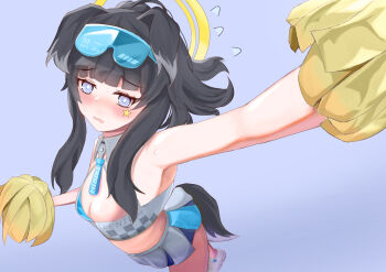 1girl absurdres animal_ears arm_up black_hair blue_archive blue_eyes blush breasts cheerleader commentary_request dog_ears dog_girl dog_tail embarrassed goggles goggles_on_head halo hibiki_(blue_archive) hibiki_(cheer_squad)_(blue_archive) highres holding holding_pom_poms long_hair looking_at_viewer millennium_cheerleader_outfit_(blue_archive) official_alternate_costume open_mouth pelele_mon pom_pom_(cheerleading) pom_poms shoes simple_background skirt small_breasts solo standing star_(symbol) star_sticker sticker sticker_on_face sweatdrop tail white_shoes yellow_halo