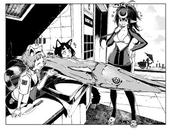 Rule 34 | 3girls, absurdres, antenna hair, bikini, bikini under clothes, bodysuit, breasts, cat girl, cleavage, commentary, crescent, crescent hair ornament, diving suit, elf, english commentary, eudetenis, finger to cheek, fish (food), fish market, greyscale, hair ornament, hand on own hip, highres, irisha (eudetenis), kitchen knife, knife, long hair, medium breasts, monochrome, multiple girls, original, out of frame, partially unzipped, pointy ears, ponytail, sandals, short eyebrows, small breasts, standing, swimsuit, updo, wetsuit
