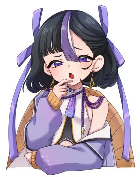 1girl bare_shoulders black_hair breasts chestnut_mouth chiji_komari comiket_107 commentary_request cropped_torso earrings fang goddess_of_victory:_nikke highres jacket jewelry long_sleeves looking_at_viewer multicolored_hair off_shoulder open_clothes open_jacket open_mouth puffy_long_sleeves puffy_sleeves purple_eyes purple_hair purple_jacket simple_background sleeves_past_wrists small_breasts solo streaked_hair syuen_(nikke) upper_body white_background white_hair