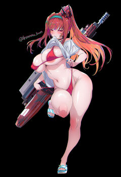 1girl areola_slip black_background breasts curvy full_body goddess_of_victory:_nikke gun high_ponytail highres holding holding_gun holding_weapon housou-kun large_breasts long_hair navel ponytail rapi_(nikke) rapi_(red_hood)_(nikke) rapi_(red_hood)_(red_flavor)_(nikke) red_eyes red_hair sandals simple_background solo stomach tachi-e thighs untied_bikini_bottom very_long_hair weapon wide_hips