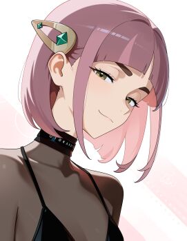 1girl absurdres arched_bangs artist_name black_bra black_choker bra breasts brown_eyes choker closed_mouth commentary covered_collarbone english_commentary hair_behind_ear hair_ornament hairclip highres lacey_(pokemon) light_blush looking_at_viewer medium_hair nintendo otokakoto pink_background pink_hair pink_lips pokemon pokemon_sv portrait signature smile solo underwear white_background