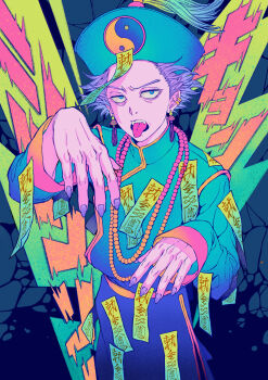 1boy absurdres bags_under_eyes boku_no_hero_academia commentary_request earrings highres jewelry jiangshi_costume long_sleeves oo0mog0oo purple_hair shinso_hitoshi short_hair solo tassel tassel_earrings tongue tongue_out yin_yang