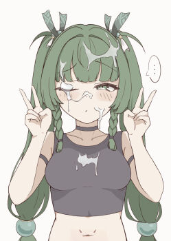 ... 1girl absurdres blush breasts double_v green_eyes green_hair hair_ornament highres long_hair looking_at_viewer medium_breasts midriff navel qingyi_(zenless_zone_zero) robot_girl sexually_suggestive simple_background solo speech_bubble sphere_hair_ornament spoken_ellipsis suggestive_fluid treetree_5200 twintails v zenless_zone_zero