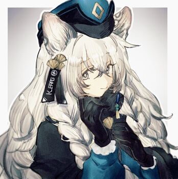Rule 34 | 1girl, animal ears, arknights, black capelet, black gloves, blue dress, blue hat, braid, capelet, cat ears, cat girl, commentary request, dress, gloves, gradient background, grey background, grey eyes, hair between eyes, hair ornament, hands up, hat, long hair, long sleeves, looking at viewer, outside border, pramanix (arknights), pramanix (caster's frost) (arknights), sidelocks, sideways glance, solo, tag, twin braids, ujoe 7hr, upper body, very long hair, white hair, winter clothes
