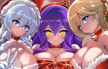 3girls alternate_breast_size_(larger) alternate_costume bell blonde_hair blue_eyes breasts cleavage commentary dress durandal_(honkai_impact) gloves hat highres honkai_(series) honkai_impact_3rd kiana_kaslana large_breasts looking_at_viewer multiple_girls neck_bell paid_reward_available purple_hair red_dress red_hat santa_costume santa_dress santa_hat sirin slash-ex symbol-shaped_pupils v white_gloves white_hair x-shaped_pupils yellow_eyes