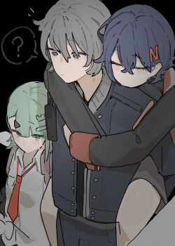 Rule 34 | 1boy, 2girls, ?, azz0422, belle (zenless zone zero), black background, black shirt, blue hair, blue jacket, blush, carrying, closed eyes, closed mouth, commentary, commentary request, crossed bangs, green hair, grey hair, hair between eyes, hair ornament, highres, jacket, letter hair ornament, multiple girls, multiple hair clips, necktie, piggyback, pink bag, red necktie, shirt, short hair, simple background, spoken question mark, sunna (zenless zone zero), triangle hair ornament, white shirt, wise (zenless zone zero), zenless zone zero