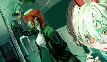 2girls black_jacket braid chainsaw_man closed_mouth expressionless gujmsl82618 hair_between_eyes handlebar hashtag-only_commentary highres horns indoors jacket long_hair long_sleeves makima_(chainsaw_man) multiple_girls power_(chainsaw_man) red_hair red_horns sharp_teeth shirt tears teeth tented_shirt train_interior white_hair white_shirt