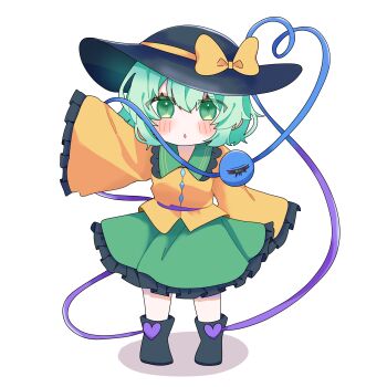 1girl 7niitouho absurdres black_hat blush bow chibi chibi_only commentary frilled_shirt frilled_skirt frills green_eyes green_hair green_skirt hat hat_bow hat_ribbon highres komeiji_koishi looking_at_viewer open_mouth ribbon shirt simple_background skirt sleeves_past_fingers sleeves_past_wrists solo symbol-only_commentary third_eye touhou white_background yellow_bow yellow_shirt