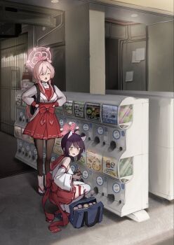 2girls animal_ears black_pantyhose blue_archive breasts closed_eyes gashapon hair_bun halo highres indoors kaede_(blue_archive) long_hair mimori_(blue_archive) multiple_girls odod1228 open_mouth pantyhose pink_hair squatting vending_machine yellow_eyes