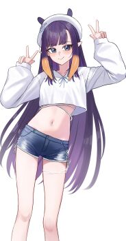 1girl absurdres blue_eyes blue_shorts chrispy_tuna closed_mouth crop_top denim denim_shorts double_w gradient_hair highres hololive hololive_english long_hair multicolored_hair navel ninomae_ina&#039;nis orange_hair pointy_ears purple_hair shirt short_shorts shorts smile solo tentacle_hair virtual_youtuber w white_shirt