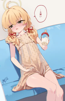 1girl ahoge averting_eyes baby_bottle bare_legs blonde_hair blue_archive blush bottle commentary couch dan_nako dress ear_blush feet_out_of_frame halo highres holding holding_bottle indoors lap_pillow_invitation on_couch polka_dot polka_dot_dress signature sitting solo speech_bubble tears translation_request twintails yellow_dress yoshimi_(blue_archive)
