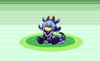 Rule 34 | 1girl, blue hair, blue tail, chibi, dragon girl, dragon horns, dragon tail, green background, horns, laundry dragonmaid, maid, nintendo, pixel art, pochi dot, pokemon, solo, tail, yu-gi-oh!