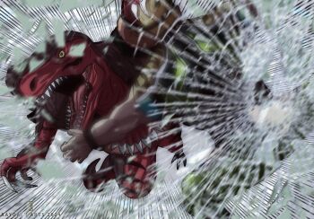 animal_head animal_print blonde_hair boots dinosaur_boy dinosaur_costume dinosaur_tail eyepatch fingerless_gloves gloves highres king_of_dinosaurs luchador luchador_mask male_focus mask multiple_boys muscular muscular_male open_mouth ramon_(kof) raydash30 shirt short_hair snk tail the_king_of_fighters the_king_of_fighters_xiv tiger_print tight_clothes tight_shirt wrestler wrestling_mask