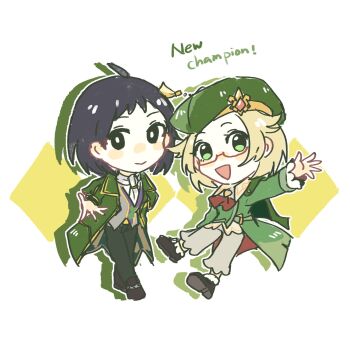 Rule 34 | 1boy, 1girl, ahoge, bianca (champion) (pokemon), bianca (pokemon), black hair, black shoes, blonde hair, blush stickers, cheren (champion) (pokemon), cheren (pokemon), chibi, commentary request, drop shadow, green eyes, green hat, green theme, hat, highres, looking at viewer, morisawa tsuneka, nintendo, official alternate costume, open mouth, pokemon, pokemon masters ex, shoes, smile