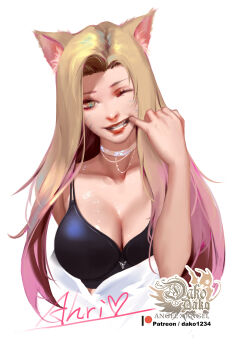Rule 34 | 1girl, ahri (league of legends), animal ear fluff, animal ears, artist logo, artist name, black bra, bra, breasts, brown hair, character name, choker, cleavage, commentary, english commentary, facial mark, finger in own mouth, fingersmile, fox ears, highres, hu dako, k/da (league of legends), k/da ahri, large breasts, league of legends, lipstick, logo, long hair, makeup, multicolored hair, one eye closed, patreon logo, patreon username, pink hair, red lips, simple background, solo, two-tone hair, underwear, upper body, whisker markings, white background, white choker