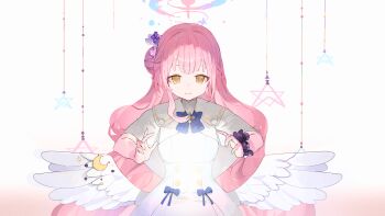 absurdres angel_wings aqua_hair blue_archive blue_bow bow breasts buttons capelet closed_mouth commentary_request crescent double-breasted dress ebsuiiote flower gold_trim gradient_hair hair_bun hair_flower hair_ornament halo high_heels highres low_wings medium_breasts mika_(blue_archive) multicolored_hair pink_hair pink_halo scrunchie simple_background single_hair_bun single_side_bun smile white_background white_capelet white_dress white_wings wing_ornament wings wrist_scrunchie