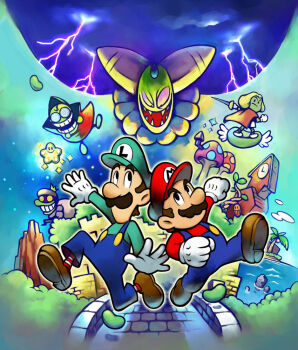 Rule 34 | 1girl, 5boys, bean star, blue overalls, brown hair, cackletta, cape, clock, clock tower, cloud, coconut tree, coke-bottle glasses, facial hair, facing viewer, fangs, fawful, full body, glasses, gloves, green headwear, green sweater, hat, lightning, luigi, mario, mario &amp; luigi rpg, mario (series), multiple boys, mushroom, mustache, newsboy cap, night, nintendo, ocean, official art, outdoors, outline, overalls, palm tree, popple, prince peasley, red headwear, red sweater, round eyewear, running, running bond, sharp teeth, sky, star (sky), starry sky, super mario bros. 1, sweater, sword, tagme, teeth, tower, tree, weapon, white gloves