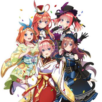5girls ahoge animal_ear_hairband animal_ears black_dress black_gloves black_hairband black_hat blue_eyes blue_hairband blush braid brown_hair cat_ear_hairband cat_ears cat_tail closed_mouth confetti detached_sleeves dress fake_animal_ears feathers flower frilled_hairband frills gloves go-toubun_no_hanayome green_kimono hair_ornament hairband hat hat_feather hat_flower heart highres holding japanese_clothes kimono kosode long_hair looking_at_viewer medium_hair miko multiple_girls nakano_ichika nakano_itsuki nakano_miku nakano_nino nakano_yotsuba official_art open_mouth orange_hair pink_hair playing_with_own_hair purple_feathers purple_flower purple_rose quintuplets red_hair red_hairband red_hat red_sash red_skirt rose sandals sash short_hair siblings sidelocks simple_background sisters skirt smile socks star_(symbol) star_hair_ornament tail teeth two-tone_headwear two_side_up upper_teeth_only white_background white_gloves white_hat white_socks