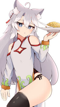1girl absurdres ahoge animal_ear_fluff animal_ears bare_shoulders black_panties black_thighhighs blue_eyes china_dress chinese_clothes clothing_cutout commentary_request dress food fried_rice grey_hair groin hair_between_eyes hair_bun hand_up highres holding holding_plate long_hair long_sleeves multicolored_hair nyaha original panties parted_lips pelvic_curtain plate puffy_long_sleeves puffy_sleeves shoulder_cutout side-tie_panties simple_background solo streaked_hair thighhighs underwear very_long_hair white_background white_dress white_hair