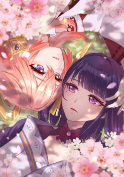 Rule 34 | 2girls, animal ears, bare shoulders, blunt bangs, braid, cherry blossoms, closed mouth, collarbone, commentary request, day, detached sleeves, earrings, fingernails, flower, fox ears, fox girl, gem, genshin impact, gold earrings, grass, hair ornament, hand on another's head, headpiece, highres, japanese clothes, jewelry, kimono, lips, long fingernails, long hair, long sleeves, looking at another, lying, mikunyanillust, mole, mole under eye, multiple girls, nail polish, neck ribbon, off shoulder, on back, on side, open mouth, outdoors, petals, pink flower, pink hair, pink nails, purple eyes, purple gemstone, purple hair, purple kimono, purple ribbon, raiden shogun, ribbon, shadow, shirt, sidelocks, sleeveless, sleeveless shirt, smile, tassel, tassel hair ornament, turtleneck, turtleneck shirt, upper body, white shirt, white sleeves, wide sleeves, yae miko, yuri