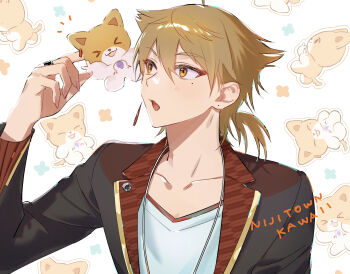 1boy :o absurdres black_jacket closed_eyes earrings fushimi_gaku fushimi_gaku_(1st_costume) hand_up highres jacket jewelry male_focus matochi_(fa) mole mole_under_eye necklace nijisanji open_mouth orange_eyes orange_hair patterned_background ponytail ring romaji_text shirt short_ponytail single_earring upper_body virtual_youtuber white_background white_shirt