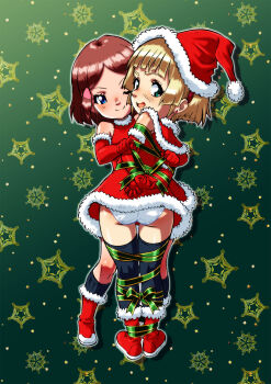 2girls arms_behind_back ass bare_shoulders bdsm black_socks black_thighhighs blonde_hair blue_eyes blunt_bangs blush bondage boots bound bound_arms bound_legs brown_hair capelet christmas christmas_present coat daikinbakuju detached_sleeves dress earrings elbow_gloves female_focus femdom fur-trimmed_boots fur-trimmed_capelet fur-trimmed_coat fur-trimmed_dress fur-trimmed_gloves fur-trimmed_sleeves fur_trim gift gift_wrapping gloves hair_ornament hairclip hat highres jewelry knee_socks kneehighs loli long_hair looking_at_viewer looking_back looking_to_the_side medium_hair multiple_girls nervous_smile open_mouth original panties patterned_background presenting red_gloves ribbon ribbon_bondage santa_boots santa_costume santa_dress santa_gloves santa_hat shibari sidelocks smile socks sparkle_background swept_bangs thigh_gap thighhighs thighs underwear upskirt white_panties