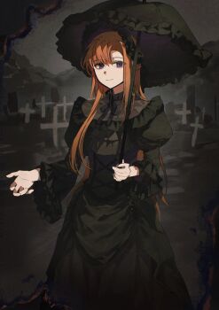 1girl alternate_costume alternate_hairstyle aristocratic_clothes bags_under_eyes black_collar black_headdress black_ribbon black_umbrella blank_stare braid burnt chidouin_sara chinese_commentary closed_mouth collar commentary_request cowboy_shot cross dress dress_ribbon frilled_collar frilled_sleeves frilled_umbrella frills funeral_dress gothic_lolita gown graveyard hair_down headdress high_collar highres holding holding_umbrella juliet_sleeves kimi_ga_shine latin_cross lolita_fashion long_dress long_hair long_sleeves looking_to_the_side night orange_hair outdoors outstretched_hand parasol parted_bangs puffy_sleeves purple_eyes ribbon side_part single_sidelock smile solo straight_hair umbrella victorian yellowmao0509