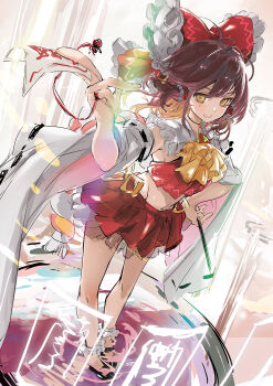 1girl ascot between_fingers bow brown_hair commentary_request detached_sleeves frilled_bow frilled_hair_tubes frilled_ribbon frills hair_between_eyes hair_bow hair_tubes hakurei_reimu hand_on_own_hip hand_up highres holding l.f. long_hair looking_at_viewer midriff navel ofuda ofuda_between_fingers open_mouth red_bow red_shirt red_skirt ribbon ribbon-trimmed_sleeves ribbon_trim shirt sketch skirt skirt_set sleeveless sleeveless_shirt smile solo teeth touhou upper_teeth_only white_sleeves wide_sleeves yellow_ascot yellow_eyes