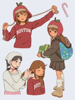 1girl 2girls ;p ;q absurdres bag blush brown_hair closed_eyes clothes_writing commentary english_commentary hat highres long_hair long_sleeves looking_at_viewer multiple_girls multiple_persona multiple_views one_eye_closed open_mouth original skirt smile tongue tongue_out wonemie