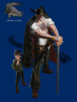 2boys 3d absurdres ahoge ammunition animal arm_tattoo bag black_headwear blue_background bullet cane cartridge chest_tattoo child cho_gum commentary commentary_request crocodile crocodilian english_commentary facial_hair full_body highres holding holding_staff jewelry korean_commentary male_focus mature_male mixed-language_commentary multiple_boys muscular muscular_male open_clothes open_shirt original outstretched_arms plaid_clothes plaid_vest reptile ring school_bag shell_casing short_hair staff tattoo vest yellow_eyes